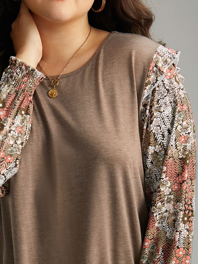 Floral Print Shirred Cuffs Ruffle Trim T-shirt