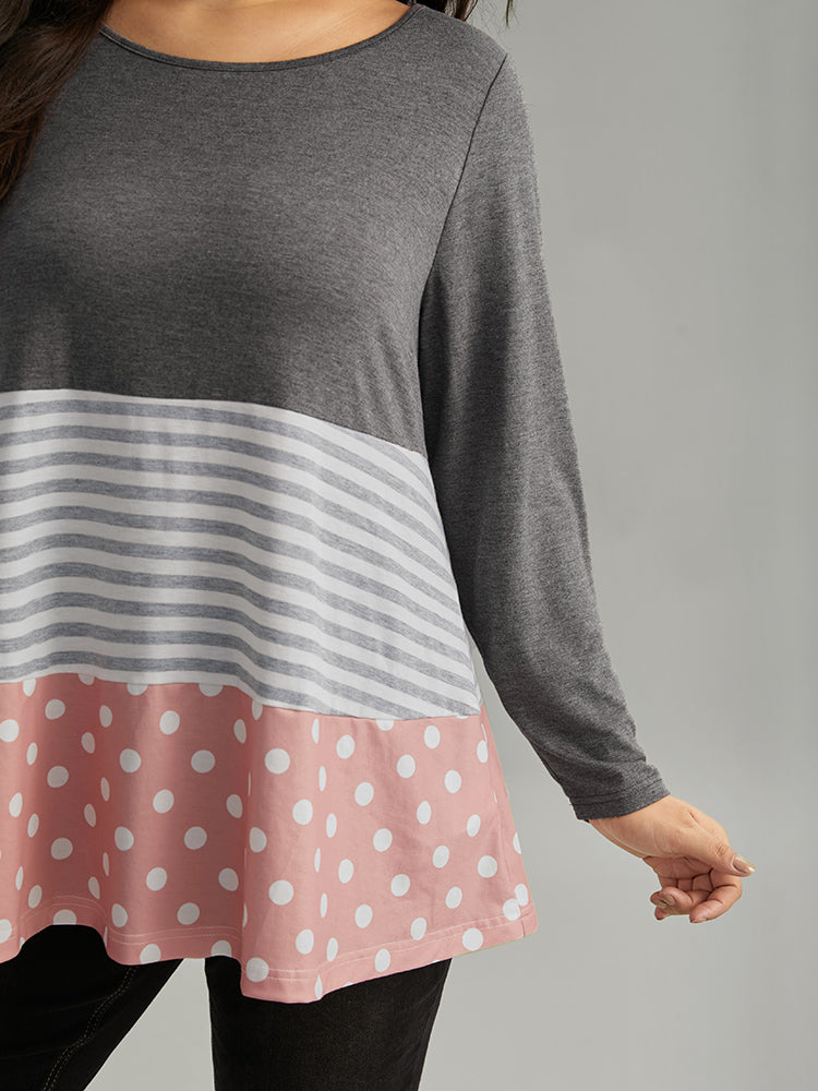 Striped Polka Dot Patchwork Contrast Round Neck T-shirt