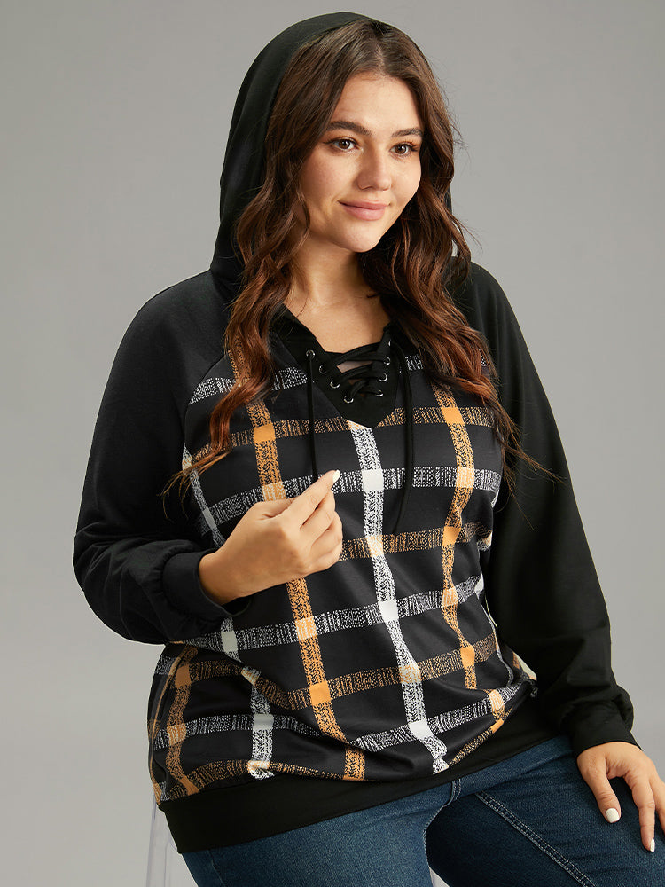 Plaid Contrast Raglan Sleeve Lace Up Hooded Sweatshirt