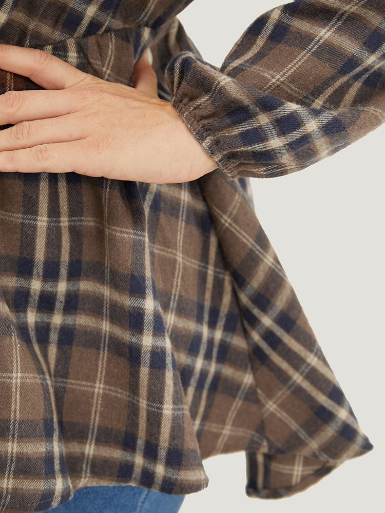 Plaid Ruffles Trim Lantern Sleeve Asymmetrical Hem Wrap Blouse