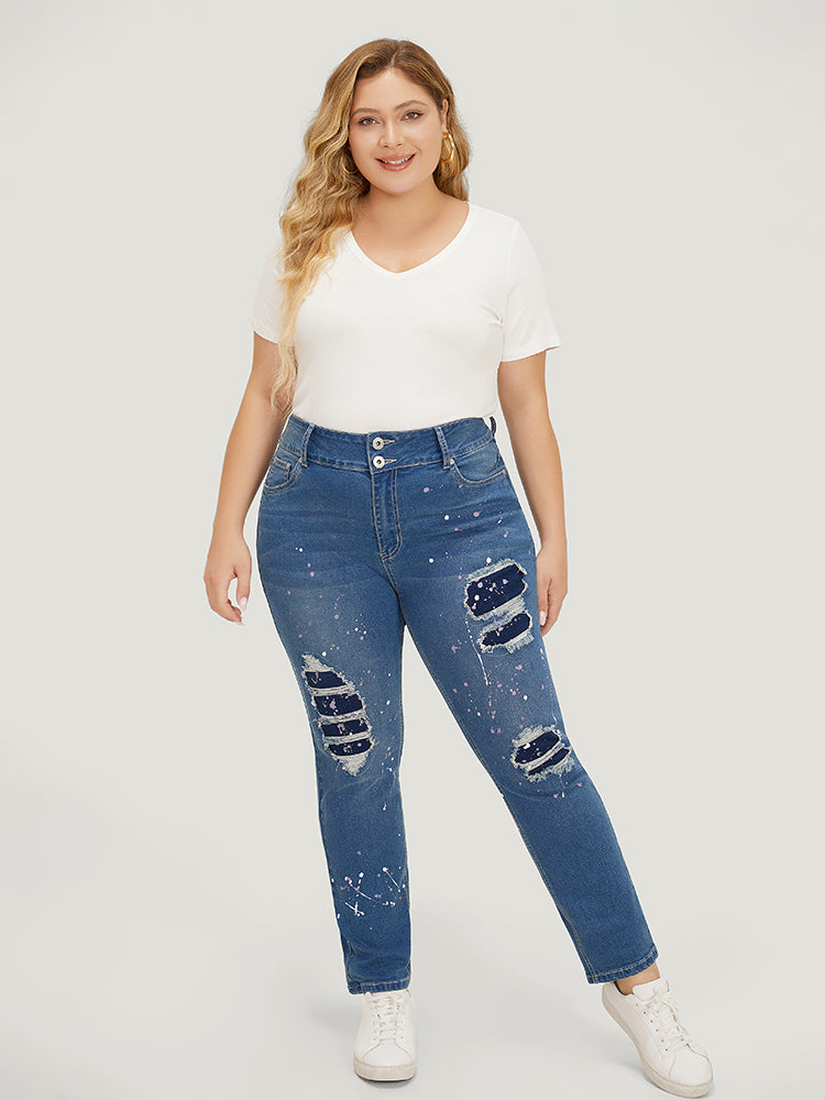 Very Stretchy High Rise Medium Wash Paint Patched Jeans