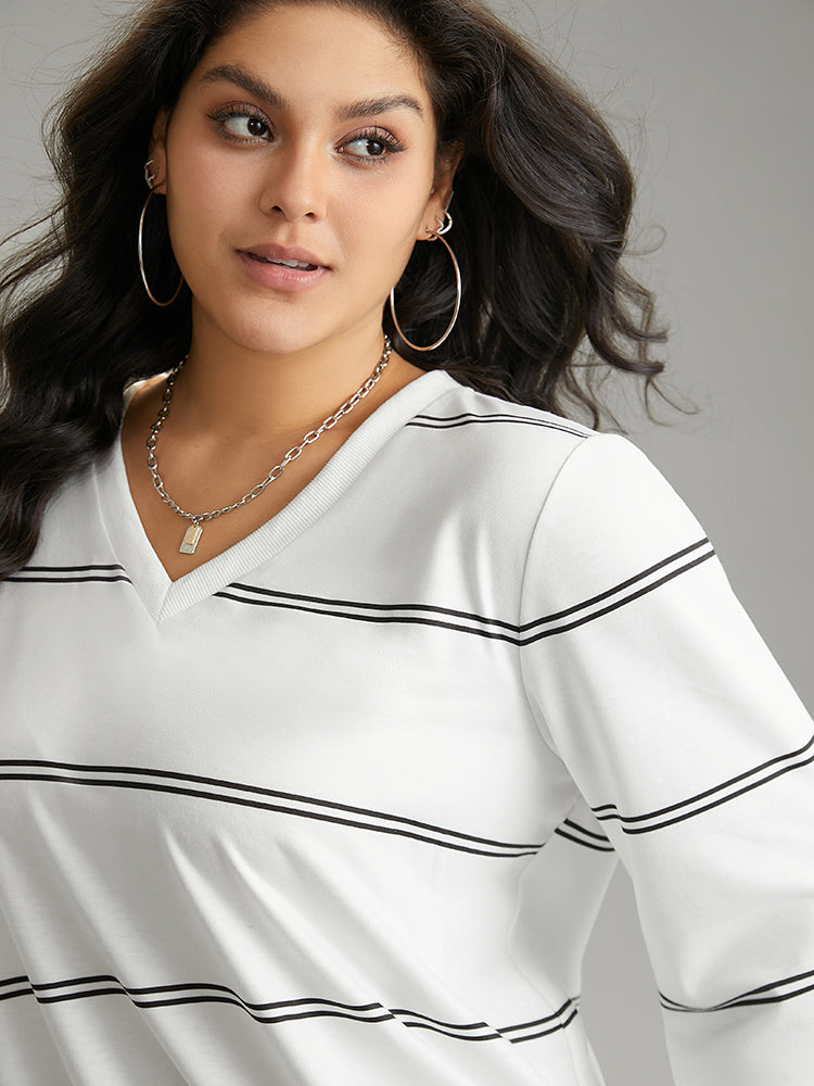 Rib Knit Striped V Neck Sweatshirt