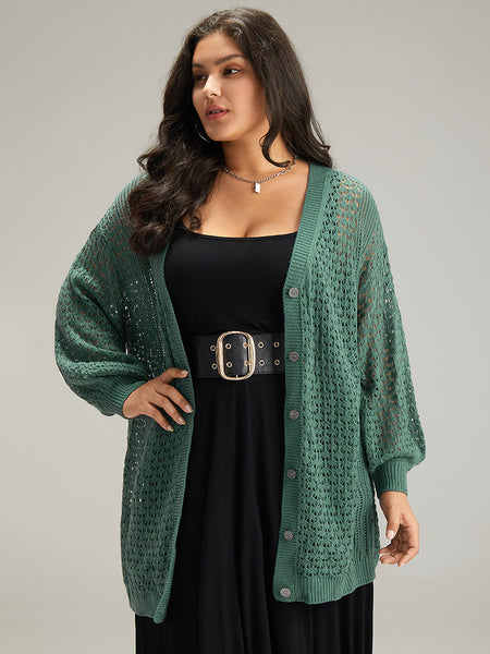 Plus Size Cardigans, Plain Hollow Out Button Through Bell Sleeve Cardigan