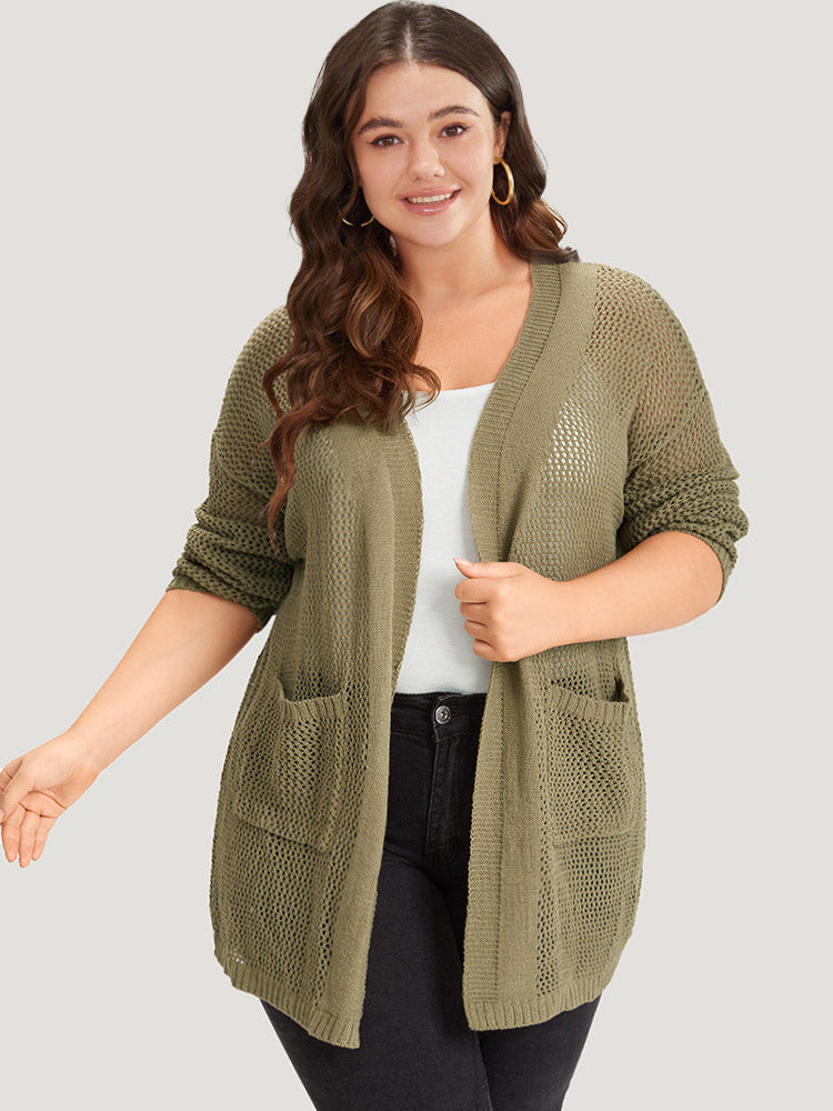 Solid Patched Pocket Open Front Patchwork Cardigan