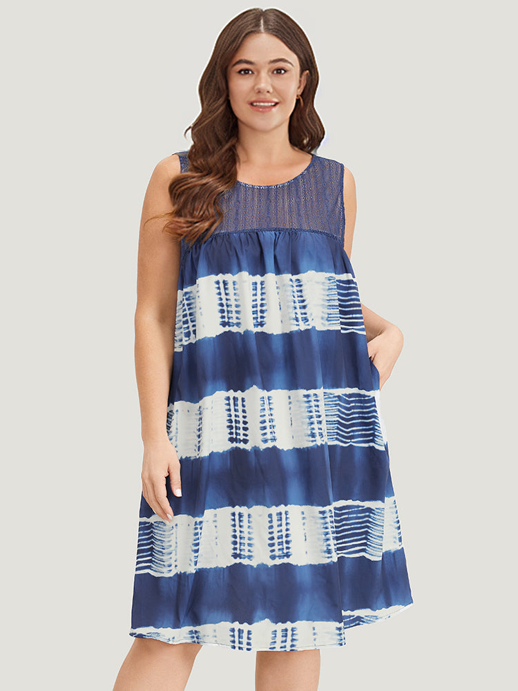 Tie Dye Mesh Patchwork Ruffle Hem Tank Dress