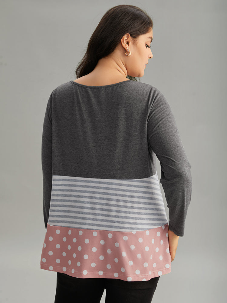 Striped Polka Dot Patchwork Contrast Round Neck T-shirt