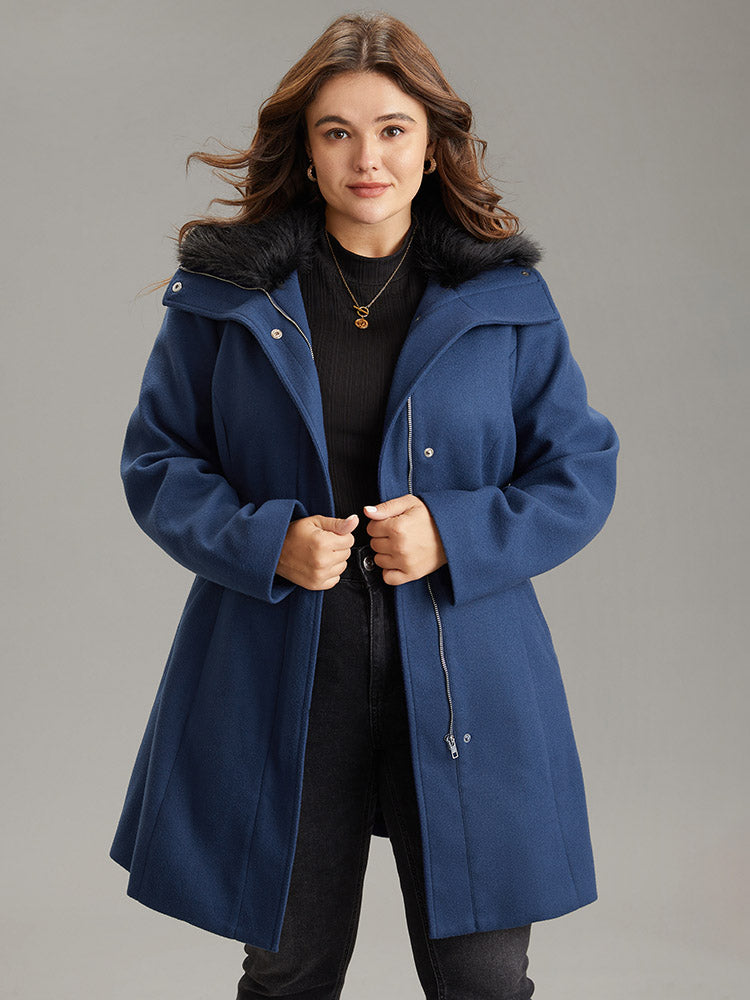 Plain Fuzzy Trim Zipper Belted Coat