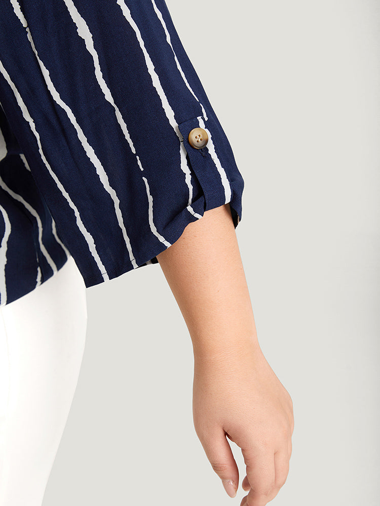 Striped Notched Three Quater Length Sleeve Blouse