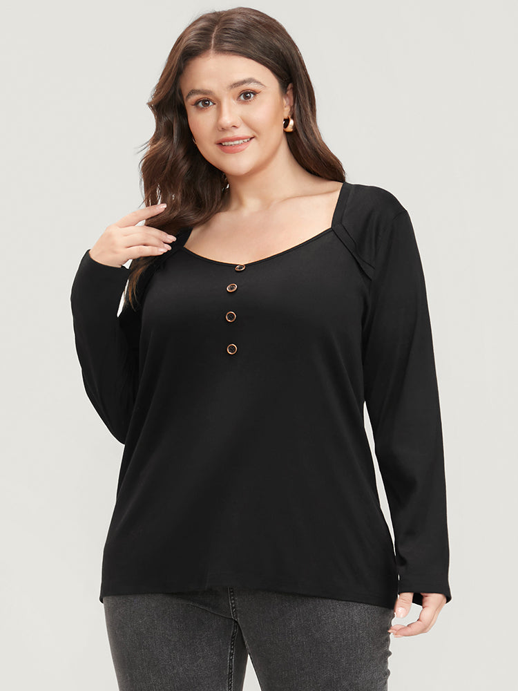 Solid Button Detail V Neck Long Tee
