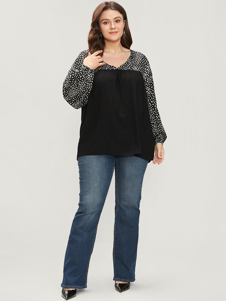 Leopard Patchwork Raglan Sleeve V Neck Blouse