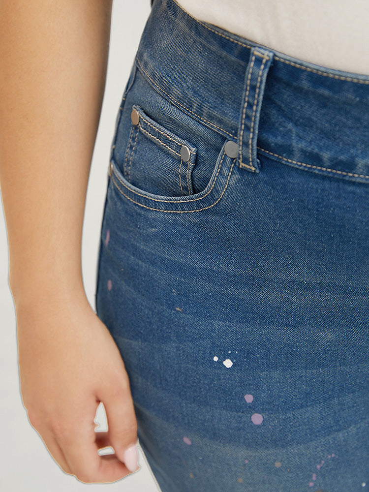 Very Stretchy High Rise Medium Wash Paint Patched Jeans