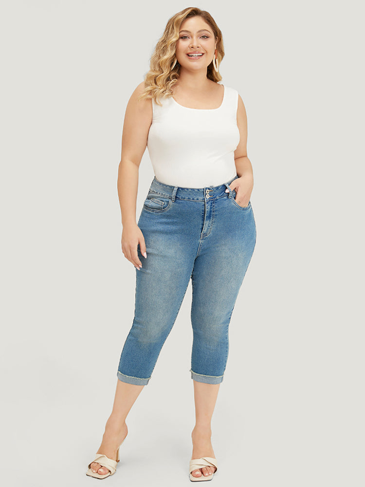 Very Stretchy High Rise Medium Wash Roll Hem Cropped Jeans