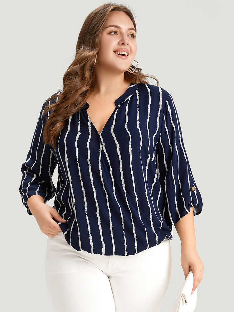 Striped Notched Three Quater Length Sleeve Blouse