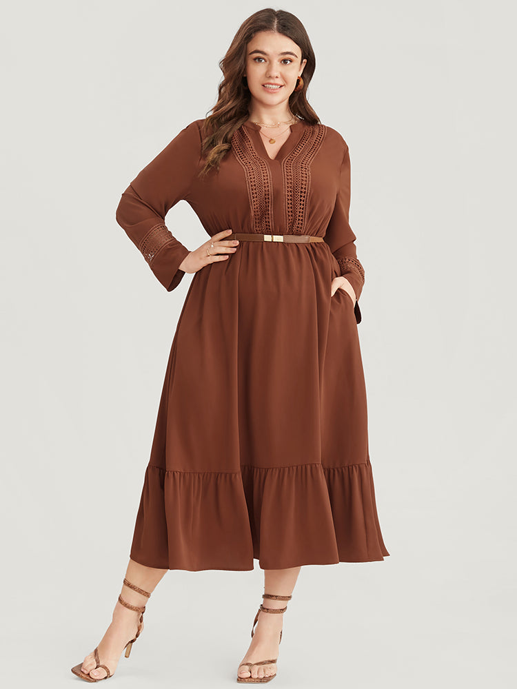 Solid V Neck Pocket Contrast Lace Ruffle Hem Dress
