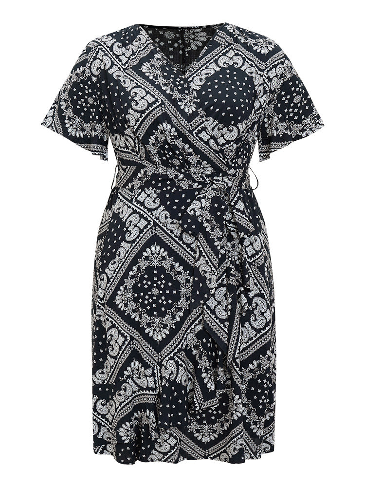 Paisley Print Pocket Belted Wrap Flutter Sleeve Dress