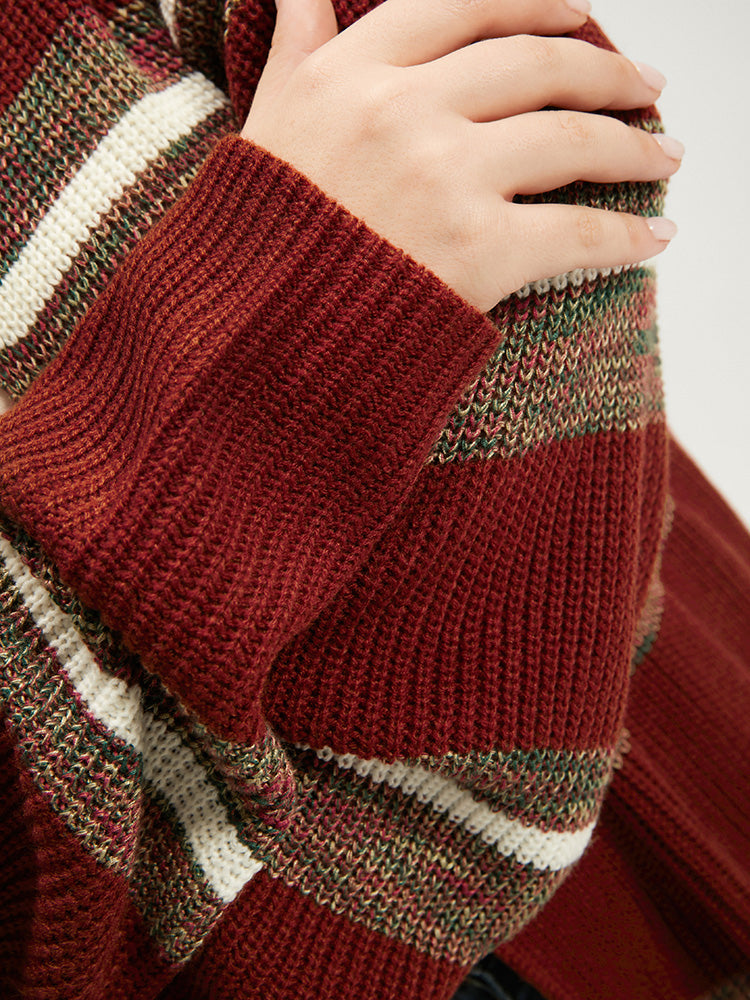 Striped Contrast Pointelle Knit Open Front Heather Cardigan