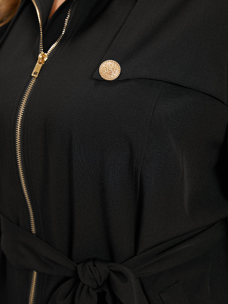 Solid Belted Button Detail Zipper Pocket Coat