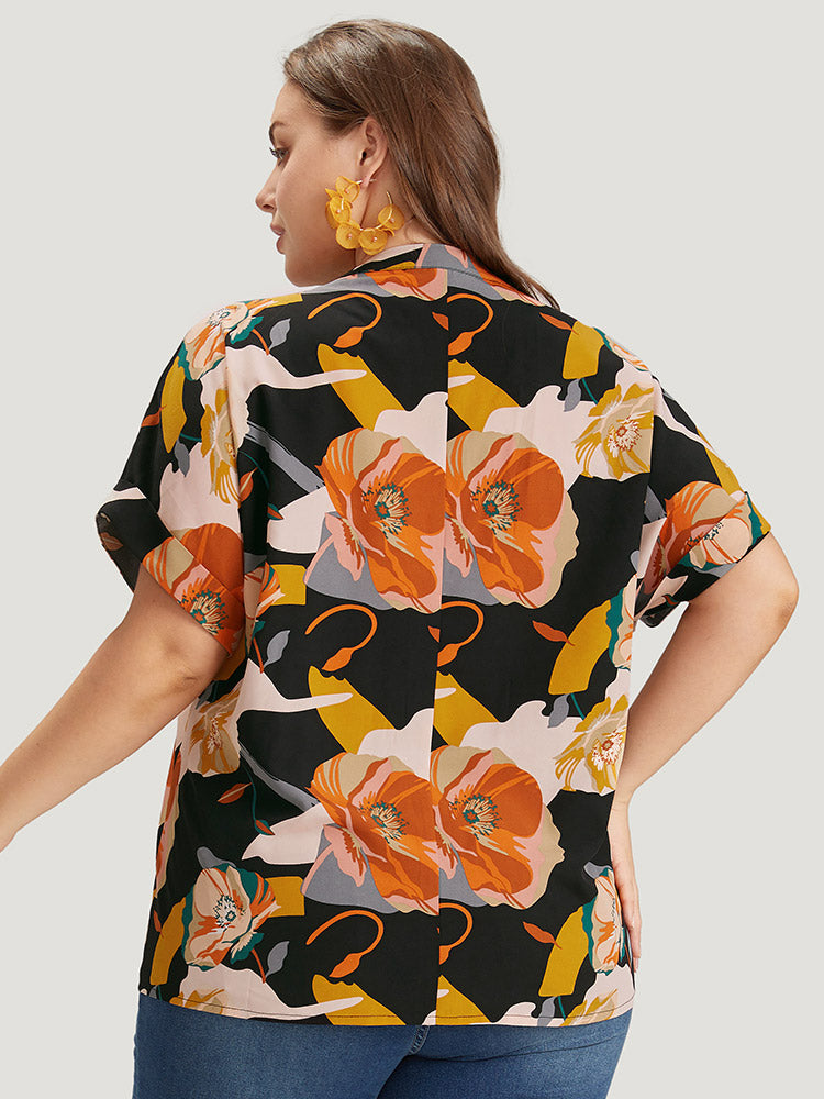 Floral Print Notched Cuffed Sleeve Blouse