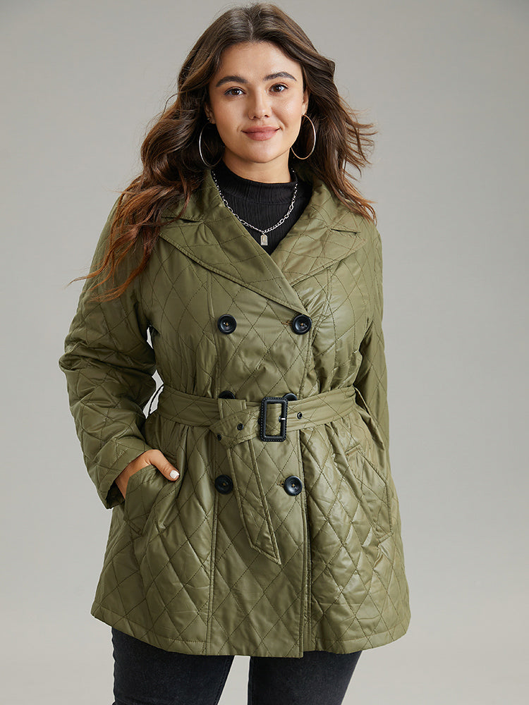 Solid Quilted Double Breasted Belted Coat