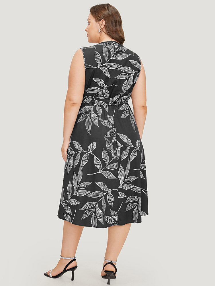 Plants Print Overlap Collar Belted Tank Dress