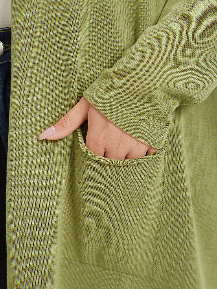 Solid Patched Pocket Open Front Tunic Cardigan