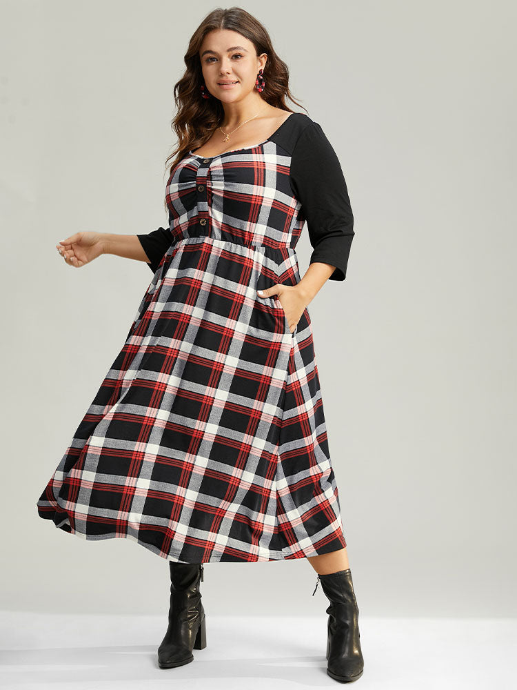 Christmas Plaid Patchwork Pleated Square Neck Dress