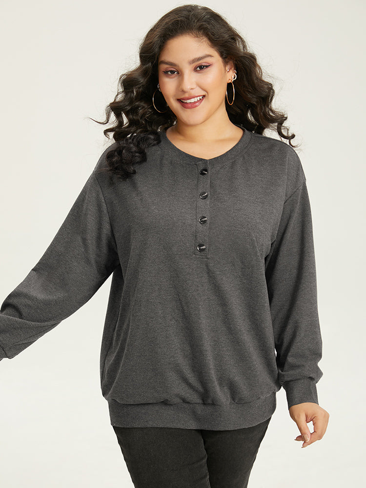 Solid Button Through Elastic Cuffs Sweatshirt