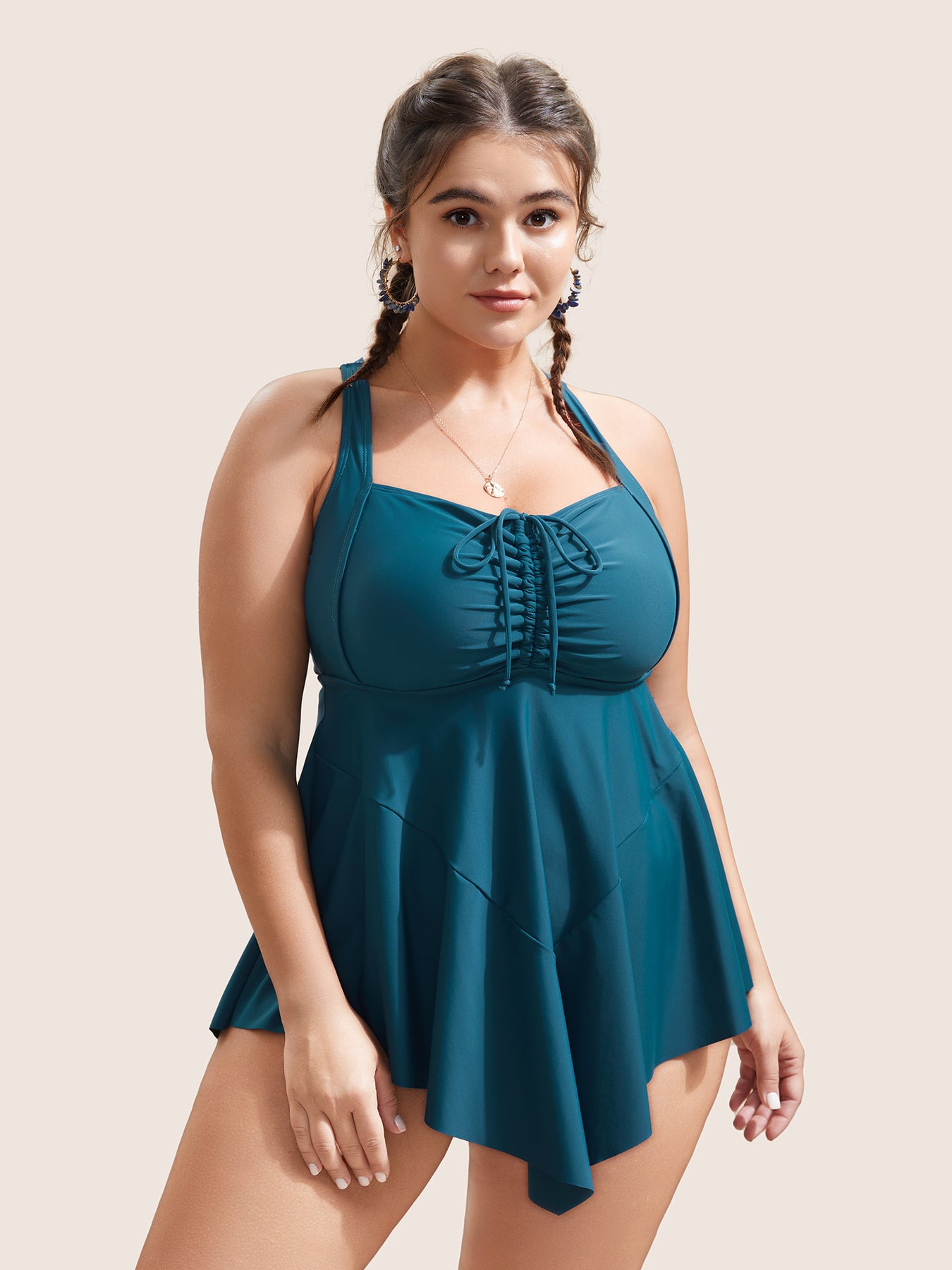 Plus Size Swim Dresses | Plain Gathered Adjustable Straps Drawstring ...