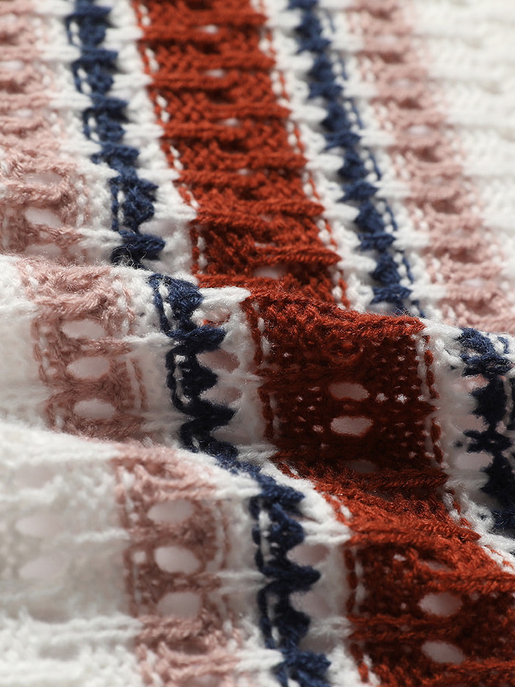 Striped Contrast Pointelle Knit Button Through Cardigan