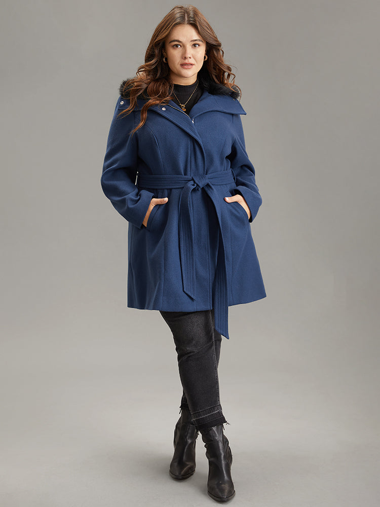 Plain Fuzzy Trim Zipper Belted Coat