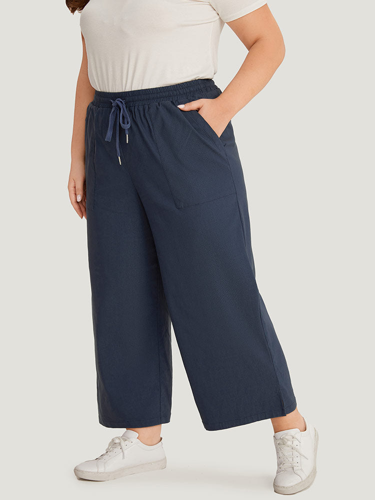 Plain Pocket Drawstring Split HemWide leg Pants