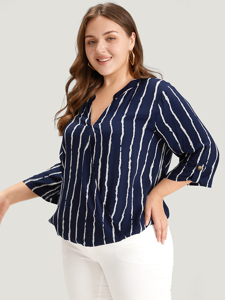 Striped Notched Three Quater Length Sleeve Blouse
