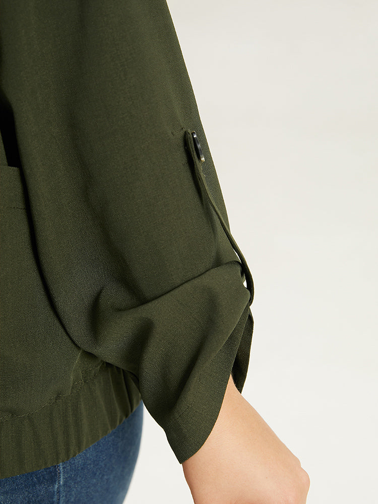 Lapel Collar Solid Gathered Tab Sleeve Jacket