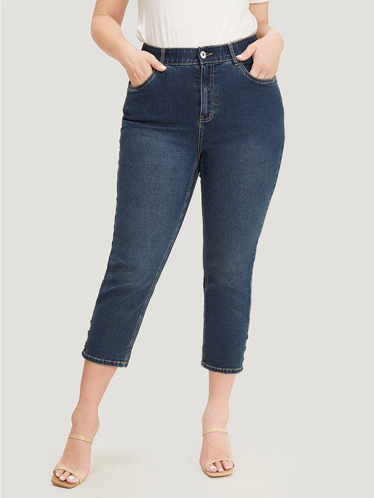Very Stretchy High Rise  Dark Wash Beaded Detail Cropped Jeans