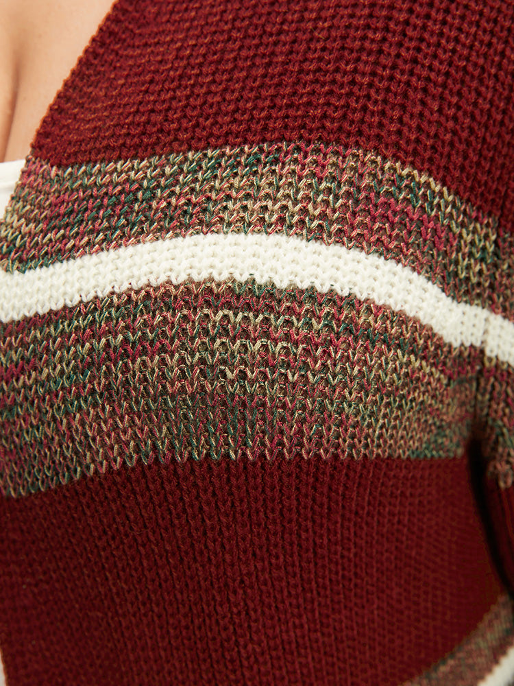 Striped Contrast Pointelle Knit Open Front Heather Cardigan