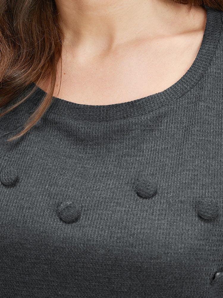 Solid Button Detail Round Neck Waffle Knit Sweatshirt
