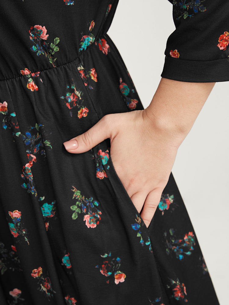 Ditsy Floral Button Up Pocket Split Hem Dress