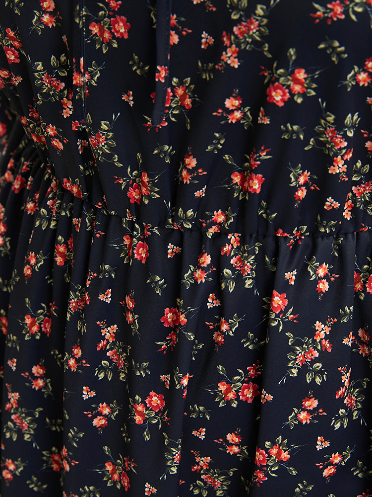 Ditsy Floral Frill Trim Tie Neck Pocket Arc Hem Dress – BloomChic