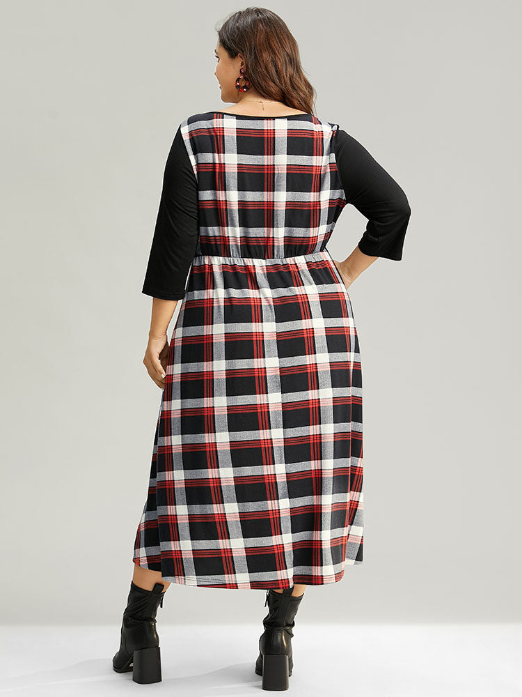 Christmas Plaid Patchwork Pleated Square Neck Dress