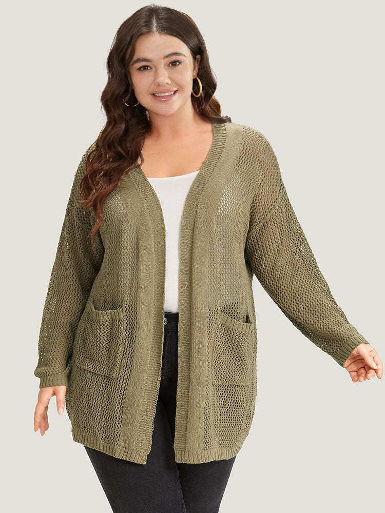 Solid Patched Pocket Open Front Patchwork Cardigan