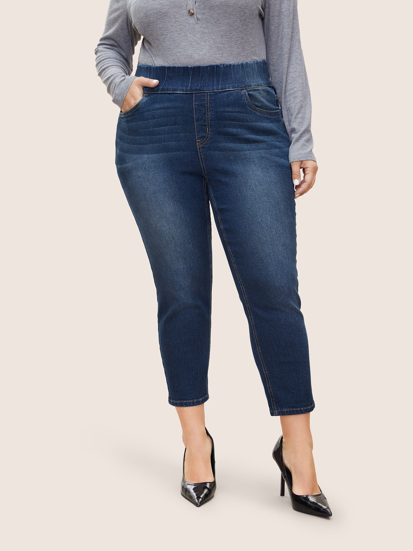 Elastic Waist Very Stretchy Slim Cropped Jeans
