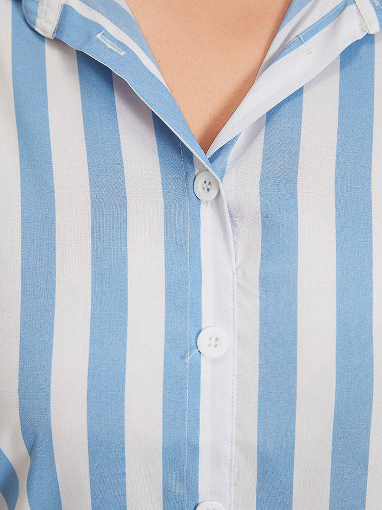 Striped Shirt Collar Button Through Blouse