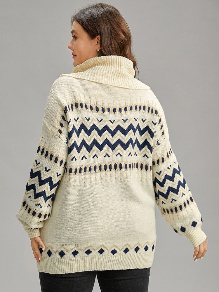 Geometric Contrast Turtleneck Elastic Cuffs Pullover