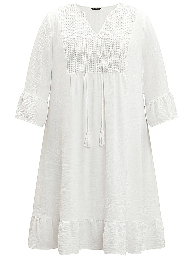 Solid Pocket Ties Tassels Bell Sleeve Dress