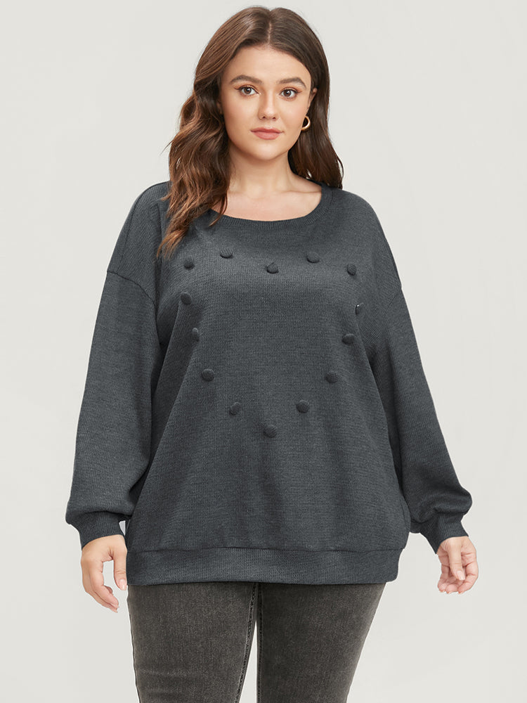 Solid Button Detail Round Neck Waffle Knit Sweatshirt