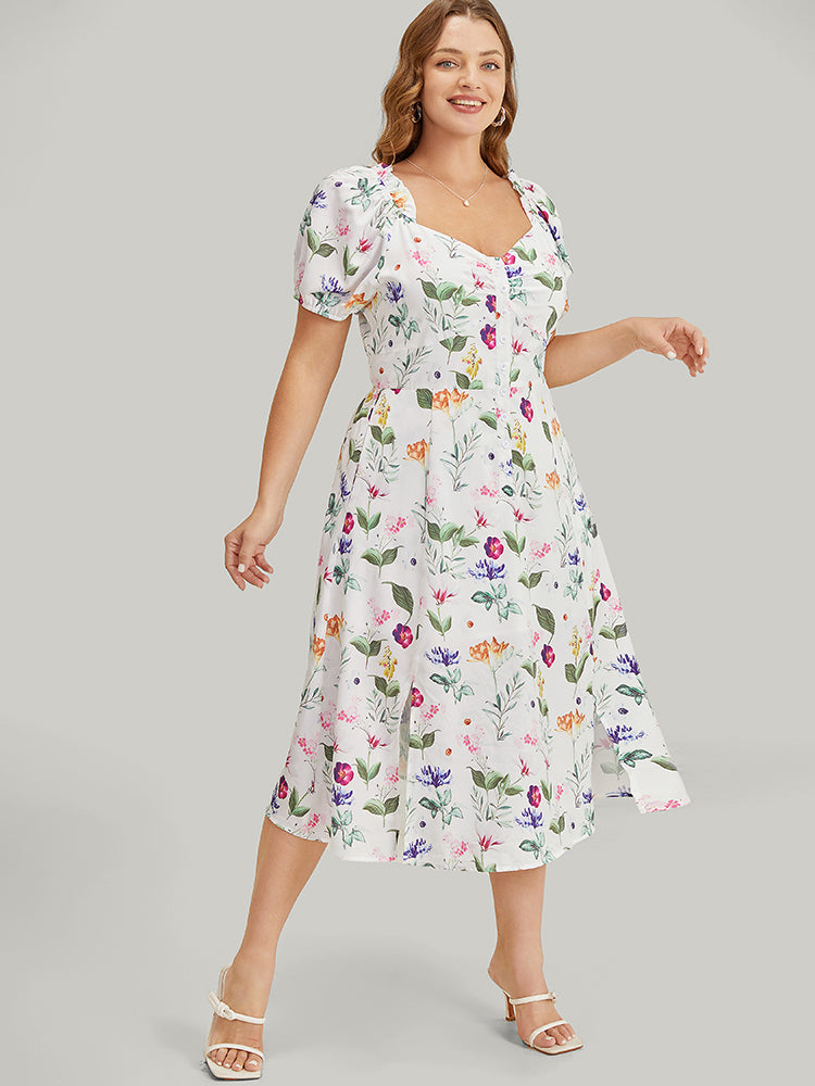 Floral Split Hem Button Detail Pocket Ruched Puff Sleeve Dress – BloomChic