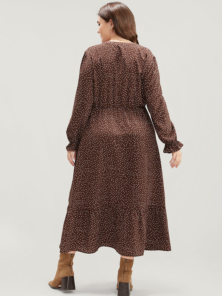 Polka Dot Pocket Lantern Sleeve Flutter Hem Dress