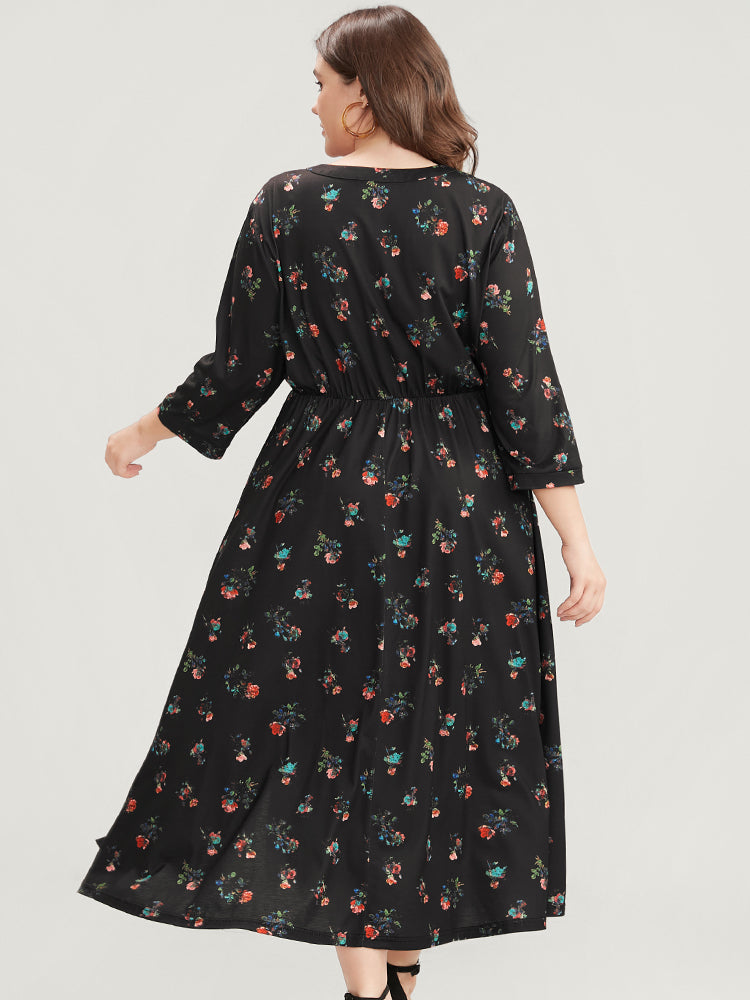 Ditsy Floral Button Up Pocket Split Hem Dress