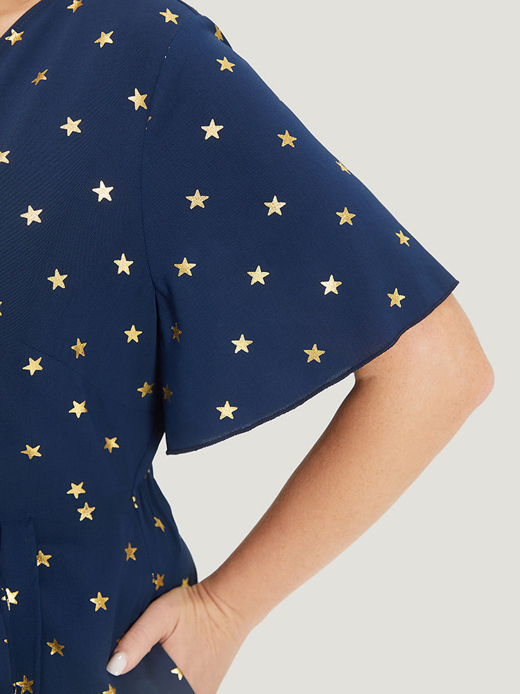Star Wrap Ties Pocket Ruffle Sleeve Dress