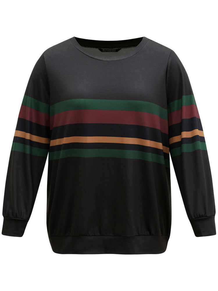 Contrast Striped Basic Crew Neck Sweatshirt
